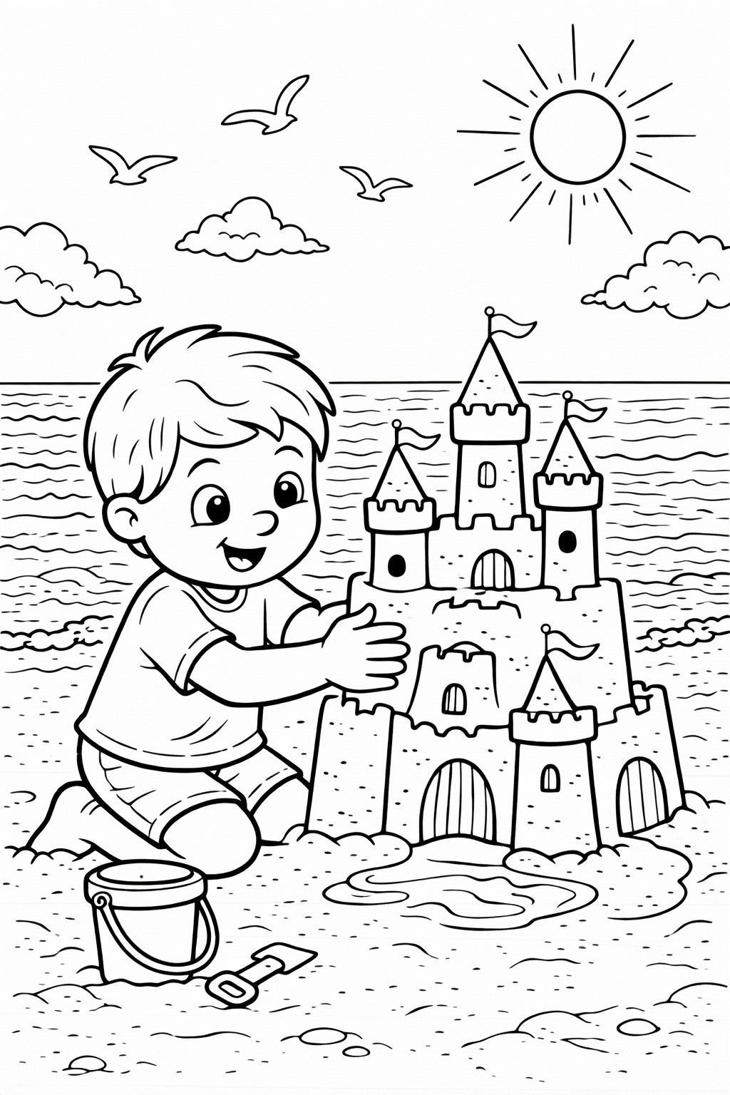 A joyful child building a sandcastle at the beach with a sunny sky, ocean waves, and seagulls. Includes detailed castle towers and sandy beaches for kids to color.