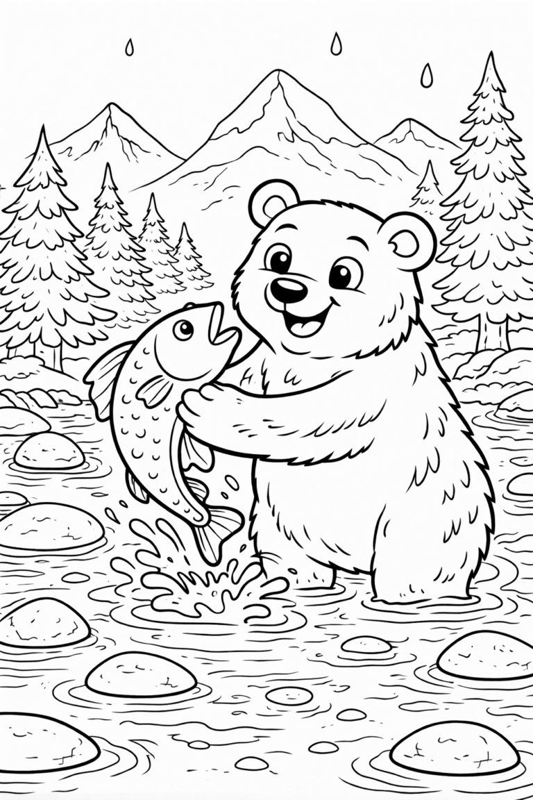 A cute bear holds a fish by a lively stream with mountains in the background. Children can color the flowing water, rocks, evergreen trees, and playful bear for a creative activity.