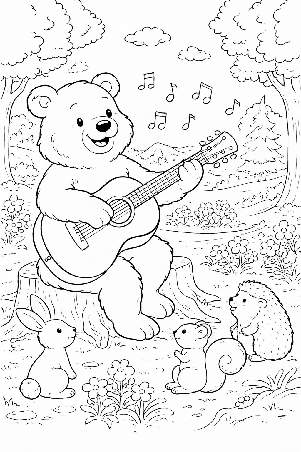 Coloring page showing a bear playing a guitar with forest animals like a rabbit, squirrel, and hedgehog. The scene includes musical notes and flowers, inviting children to add vibrant colors and explore their creativity.