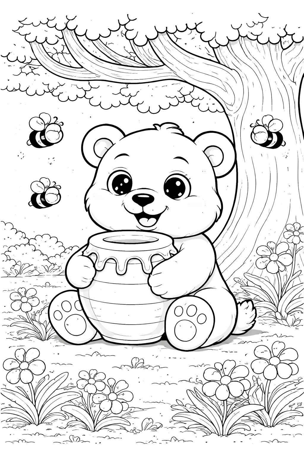 A charming coloring page featuring a bear smiling with a honey pot, surrounded by buzzing bees and colorful flowers under a tree in a idyllic landscape.