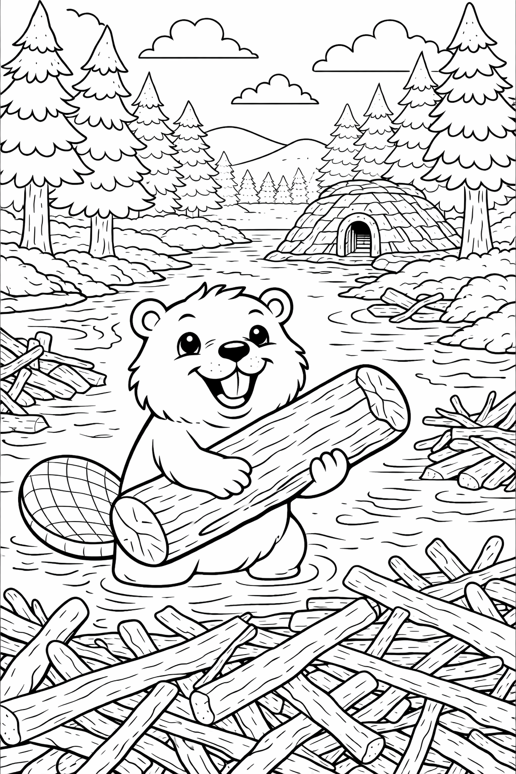 A beaver cheerfully holds a log surrounded by a picturesque forest scene, complete with trees and a dam, waiting to be colored by children.