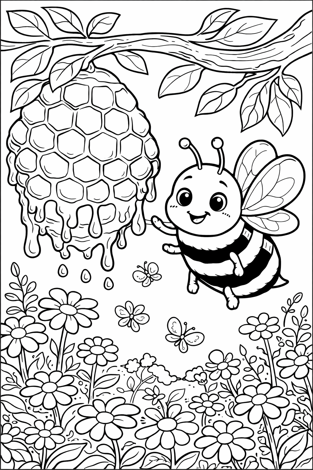 A delightful illustration of a happy bee near its honeycomb, surrounded by flowers and a tree branch. Children can color the cheerful bee, dripping honeycomb, and a garden full of flowers and butterflies. Ideal for kids interested in nature.