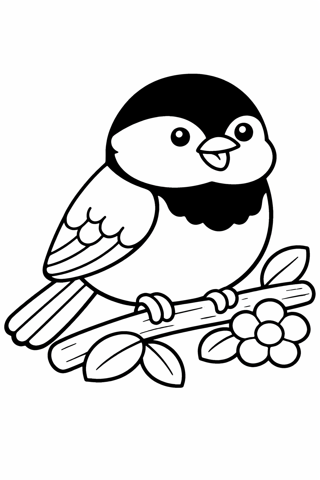 A cute bird sitting on a branch in a coloring page. The bird is smiling, with a flower and leaves around. This coloring page invites kids to be creative with colors, featuring simple, bold lines perfect for young artists.