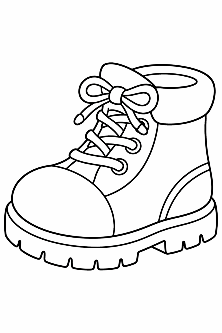 A detailed coloring page of a single boot with laces, perfect for kids to color. The boot features thick soles and intricate laces for creative coloring.