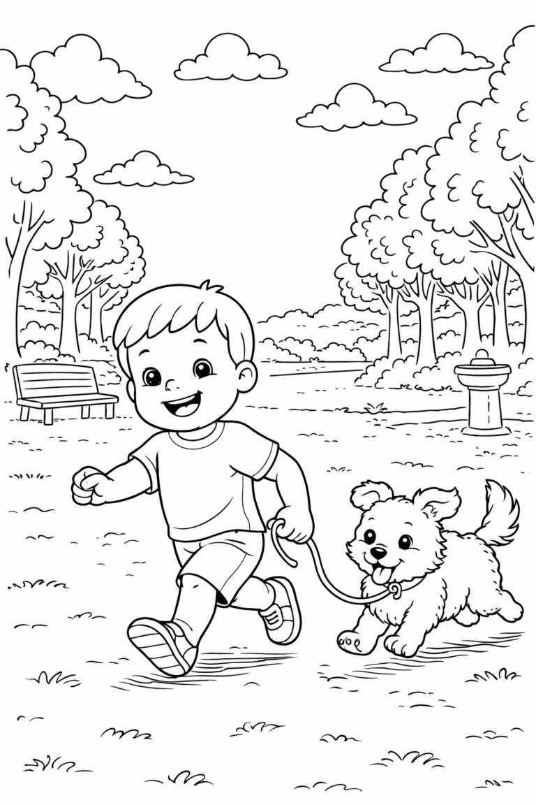 Coloring page with a boy running with a dog in a park. The background includes trees, clouds, a bench, and a fire hydrant, depicting a joyful outdoor scene.