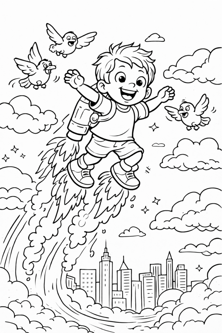 A cheerful boy flying high with a jetpack amidst clouds and birds, with a city skyline in the background, inviting children to engage with an imaginative coloring scene.