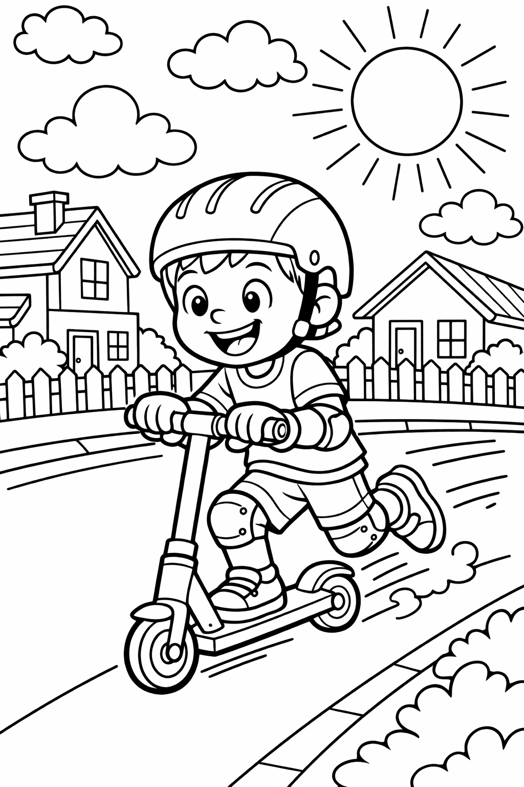 A lively scene of a smiling boy on a scooter, surrounded by houses, a sun, and clouds, offering a perfect coloring activity to engage kids.