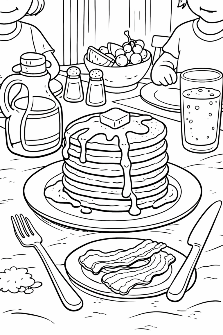 Coloring page showing a breakfast scene with pancakes, syrup, bacon, and a fruit bowl. Ideal for children to enhance their creativity with food-themed coloring.