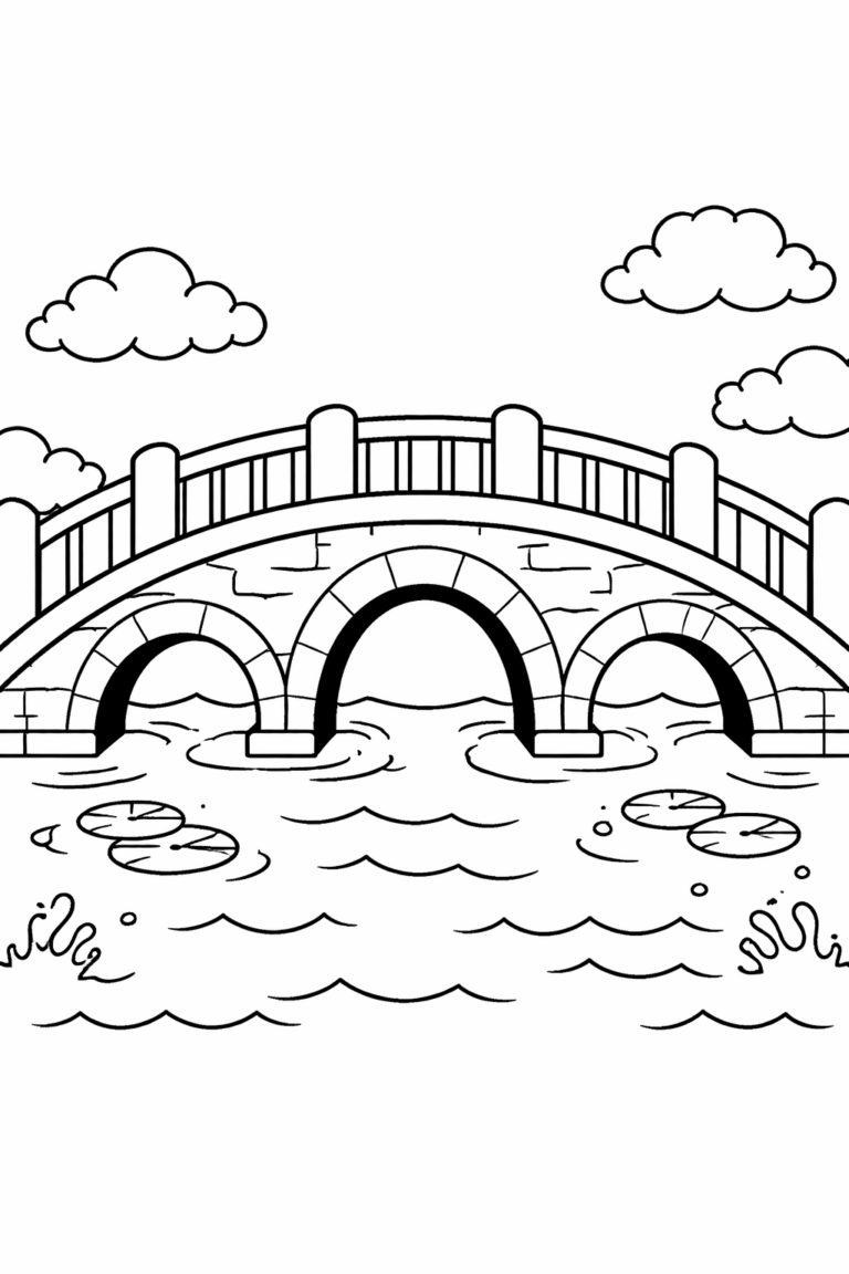 A charming children's coloring page showing a detailed stone bridge over a gentle river with fluffy clouds and rippling water, encouraging creativity and artistic expression for young ones.