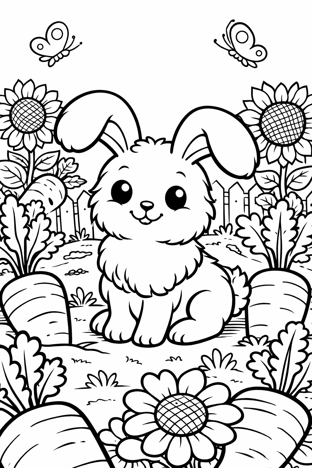 A cute bunny sits among sunflowers and carrots with butterflies flying above, creating a charming and whimsical scene perfect for coloring.