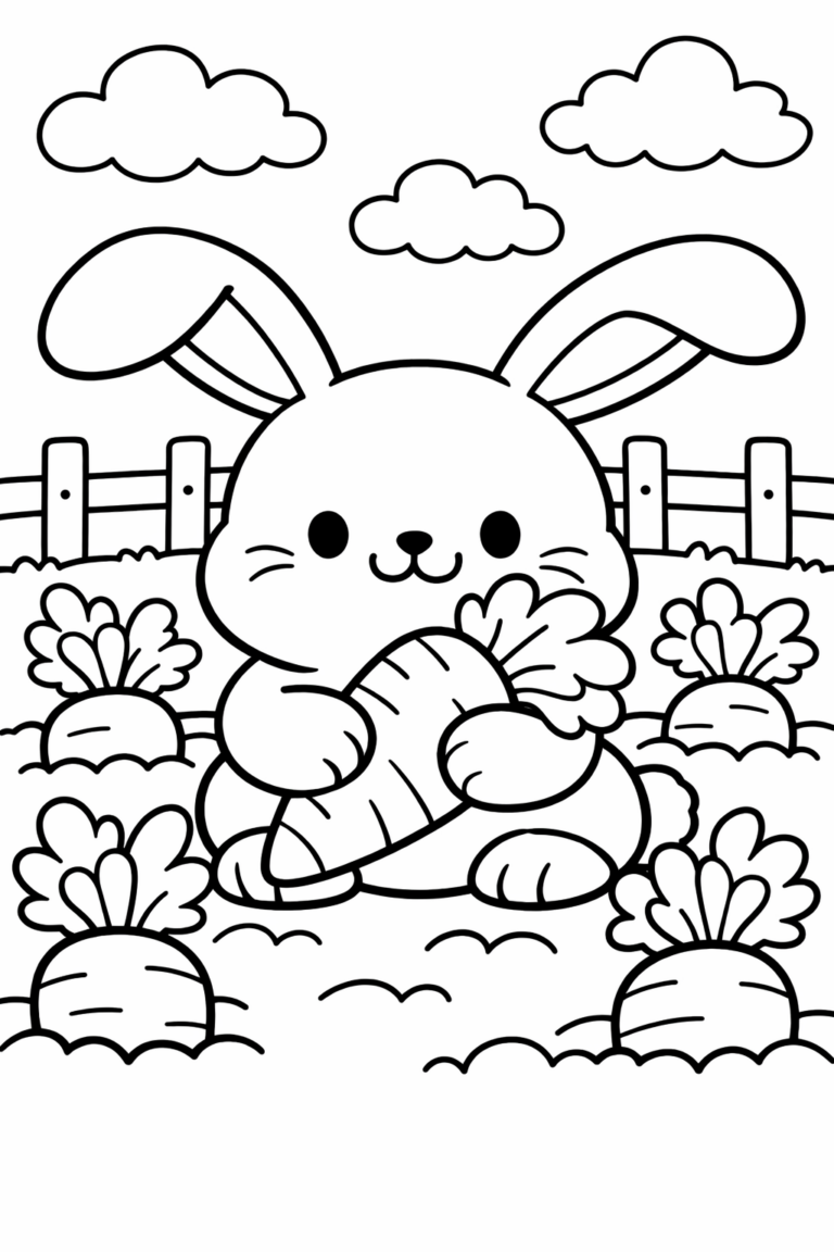 A chubby bunny holding a carrot in a garden, surrounded by more carrots, fluffy clouds, and a simple fence. A fun and engaging coloring scene for children.