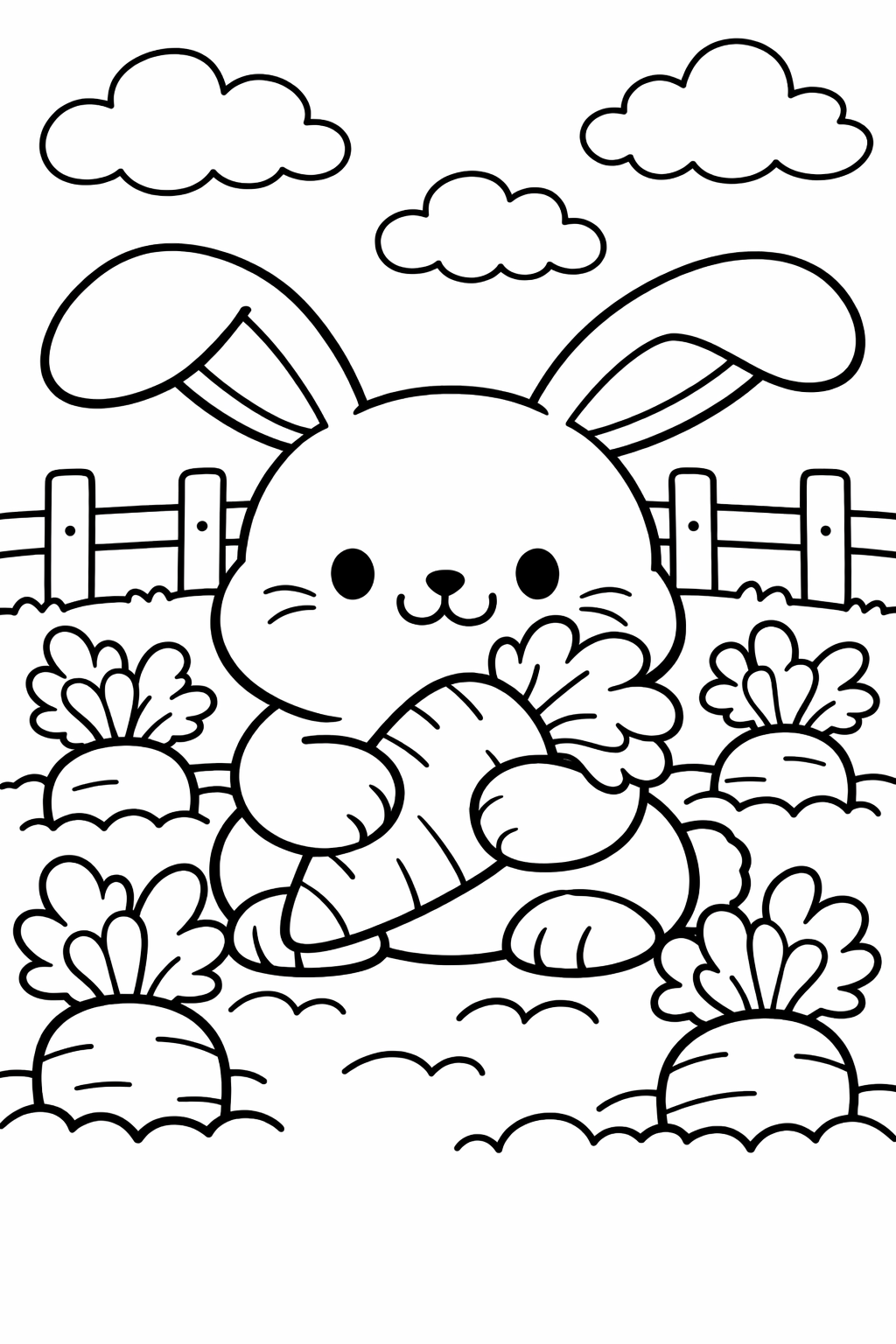 A chubby bunny holding a carrot in a garden, surrounded by more carrots, fluffy clouds, and a simple fence. A fun and engaging coloring scene for children.