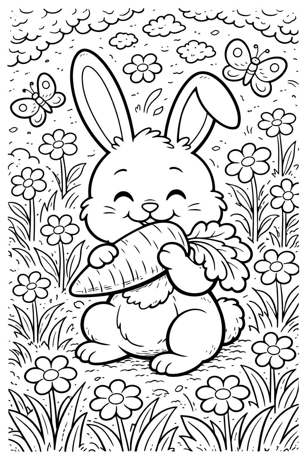 A bunny holding a carrot, surrounded by flowers and butterflies, creating a delightful and playful scene for children to color with vibrant shades.
