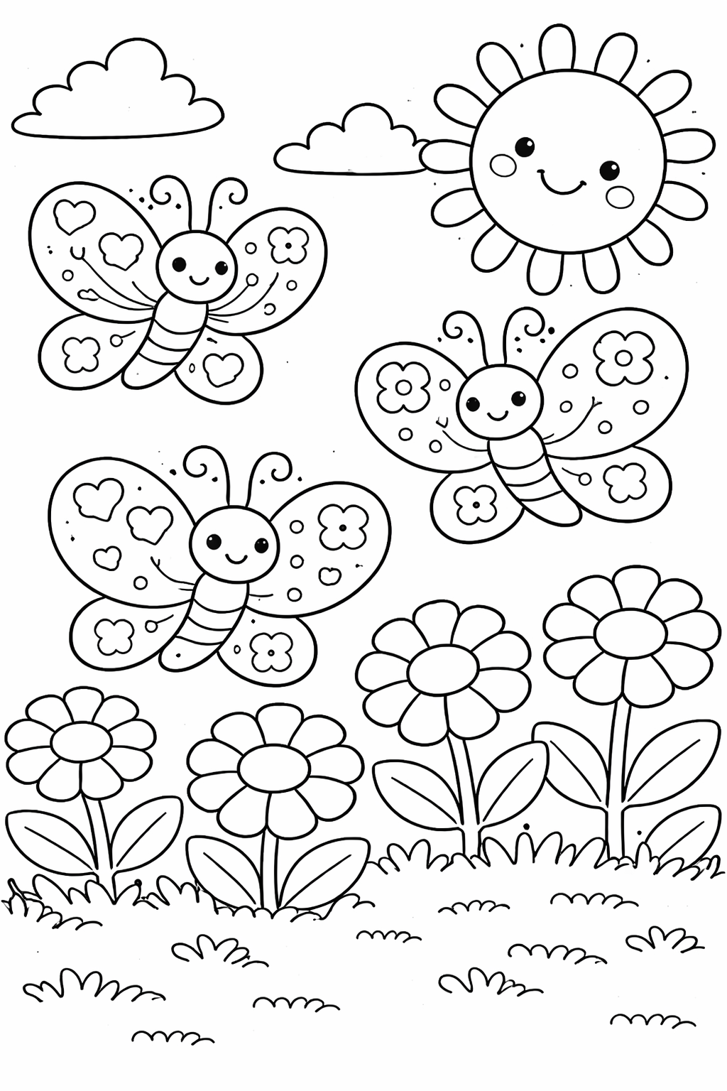 Coloring page with cheerful butterflies and a smiling sun above, surrounded by fluffy clouds and flowers below.