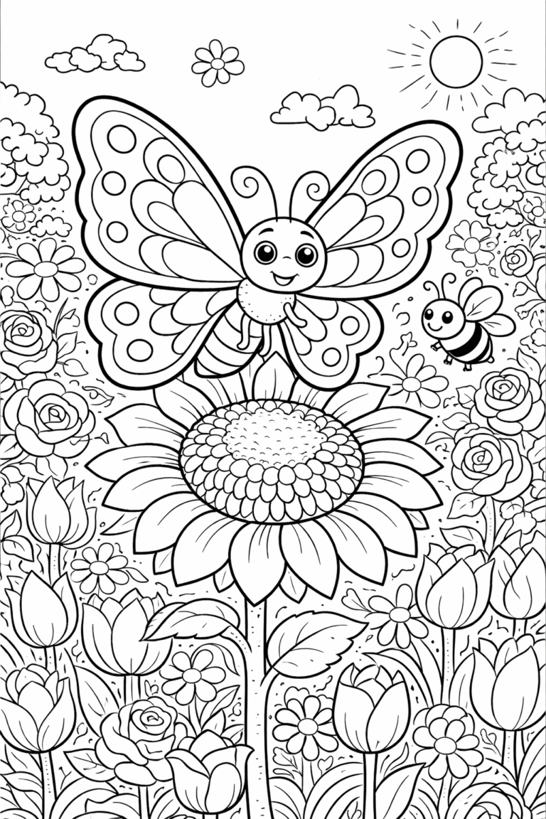A coloring page with a cheerful butterfly on a sunflower, surrounded by blooming flowers and a sunny skyline. Ideal for children interested in nature and coloring activities.