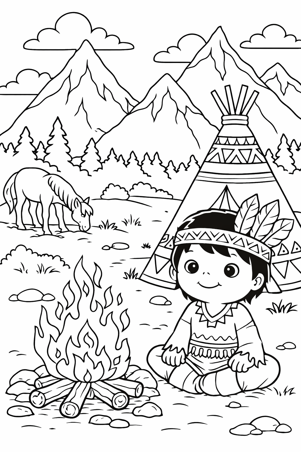 Charming campfire scene coloring page showing a child by a fire with a teepee, mountains, and horse in the background, ready for kids to color and explore.
