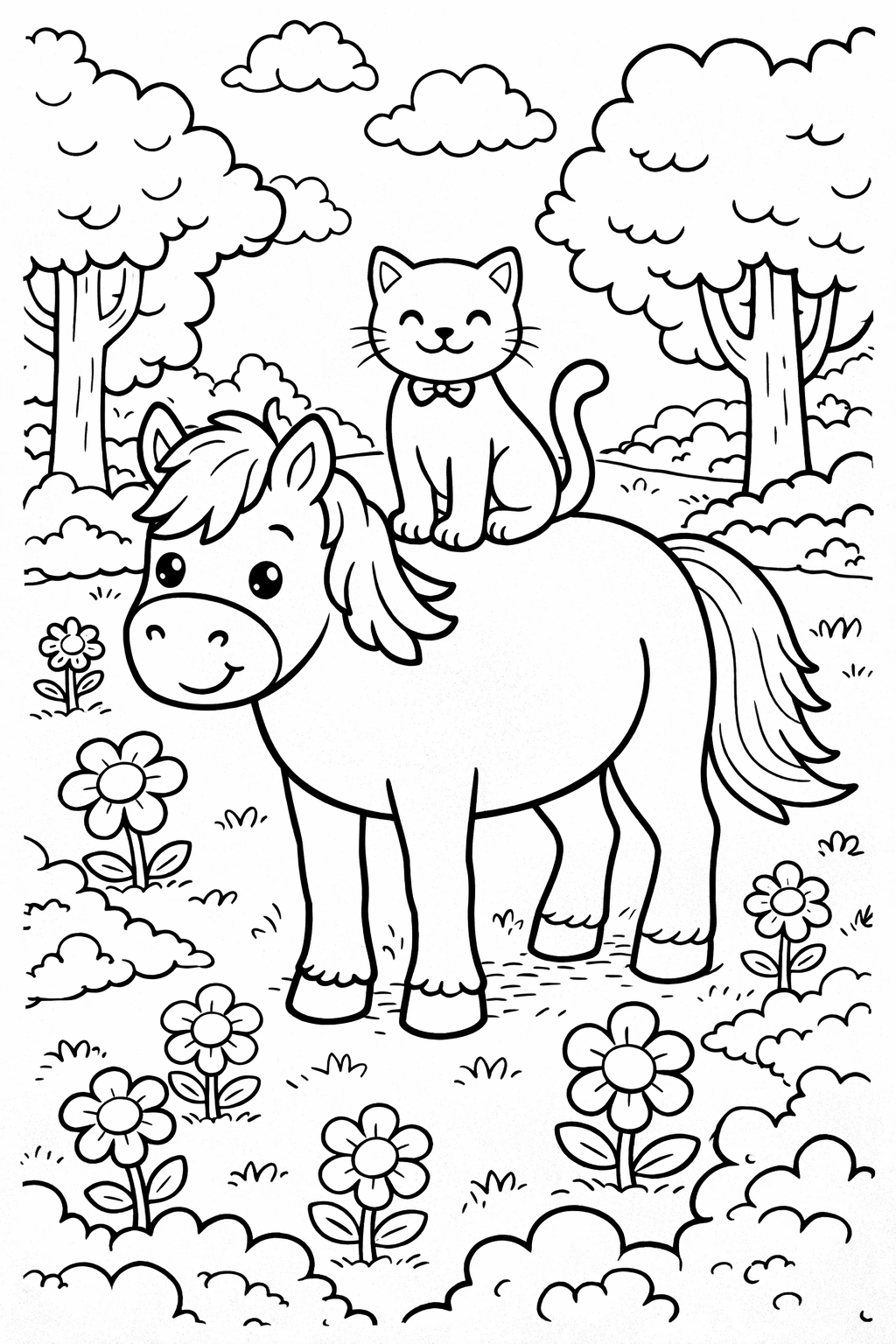 A cheerful pony with a cute cat sitting on its back, set amidst blooming flowers and trees. This playful and engaging scene offers children an opportunity to color and express their creativity in a delightful landscape.