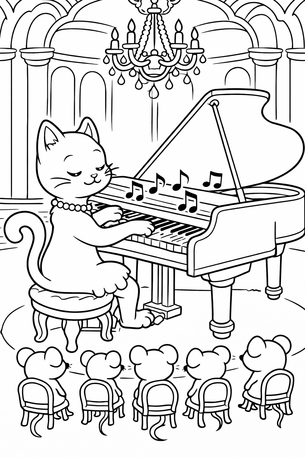 A cat playing the piano with musical notes in a grand hall. Mice are seated in small chairs as the audience, under a chandelier.