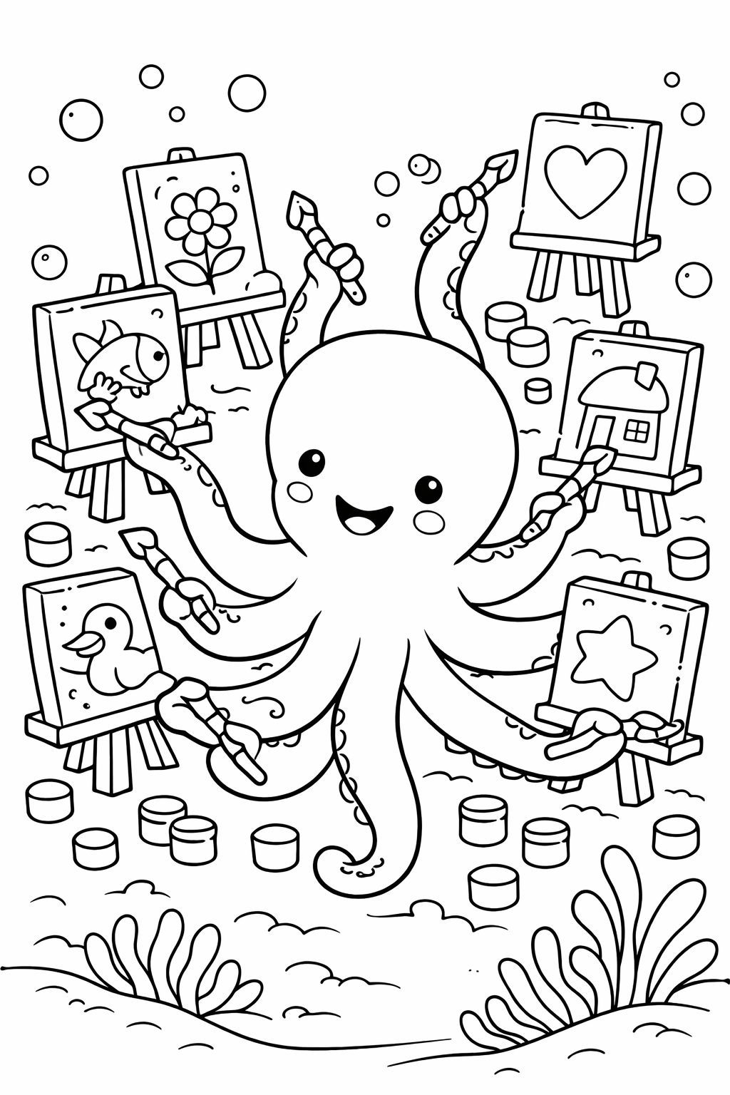 A cheerful octopus with multiple paintbrushes decorates underwater canvases depicting a fish, flower, heart, house, duck, and star. Kids will love coloring this engaging scene filled with creativity and marine life.