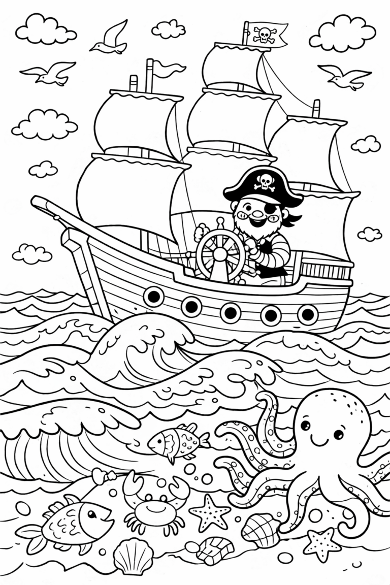 A cheerful pirate steering a ship through the waves with an octopus, crab, and fish playing in the water. Birds fly in the sky under fluffy clouds, creating a lively ocean adventure.