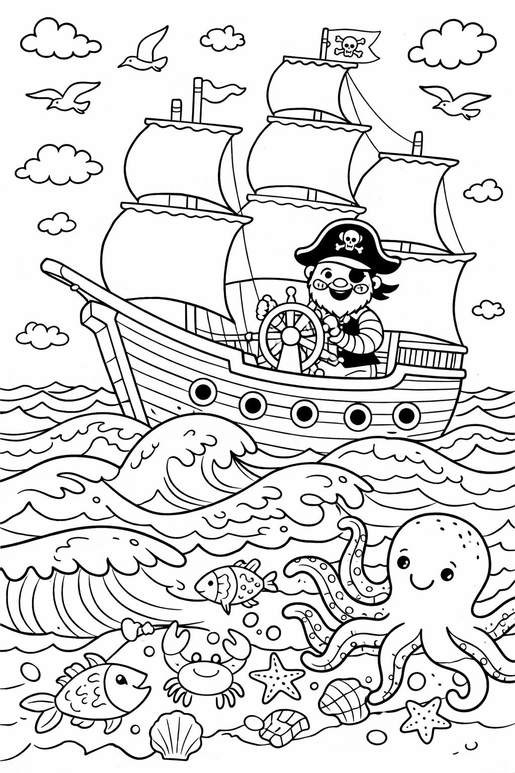 A cheerful pirate steering a ship through the waves with an octopus, crab, and fish playing in the water. Birds fly in the sky under fluffy clouds, creating a lively ocean adventure.