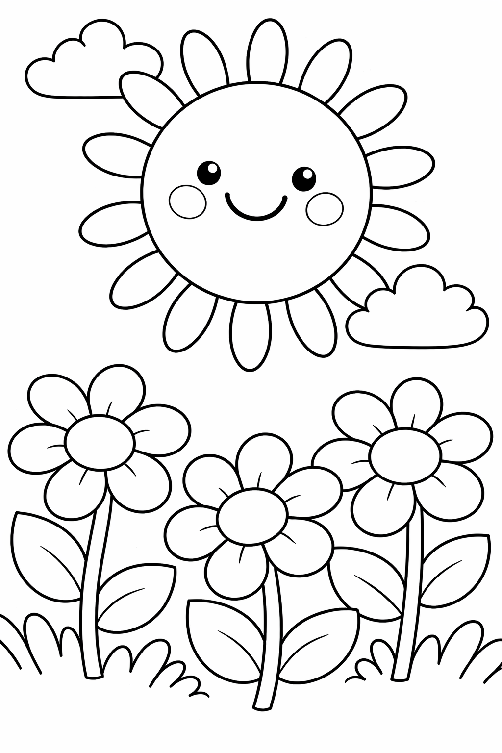 A cheerful sun with a smiling face sits above blooming flowers and fluffy clouds on a children's coloring page. The simplistic design offers kids an opportunity to add their vibrant colors to this sunny landscape.