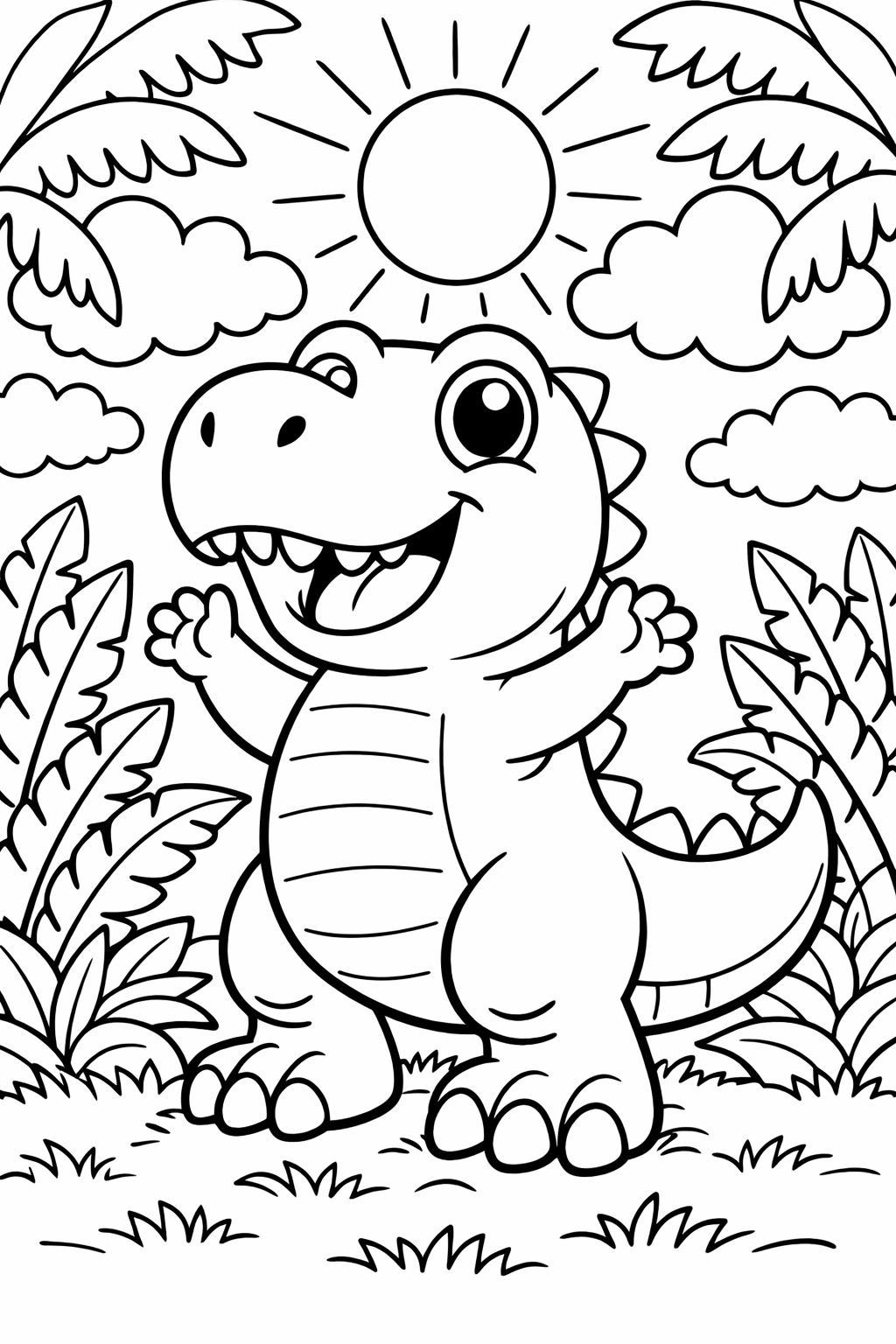 A cheerful T-Rex stands under a sunny sky surrounded by plants, inviting kids to color this joyous scene full of nature and whimsy.