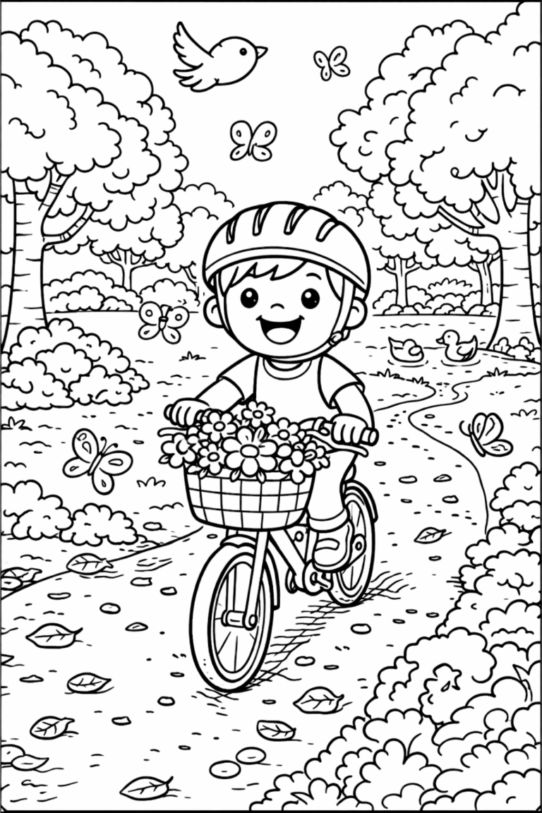 A child rides a bicycle with a basket of flowers, surrounded by butterflies and trees. A bird flies overhead, and ducks are visible near a winding path in a verdant forest setting. The scene is ideal for coloring and depicts a joyful outdoor adventure.