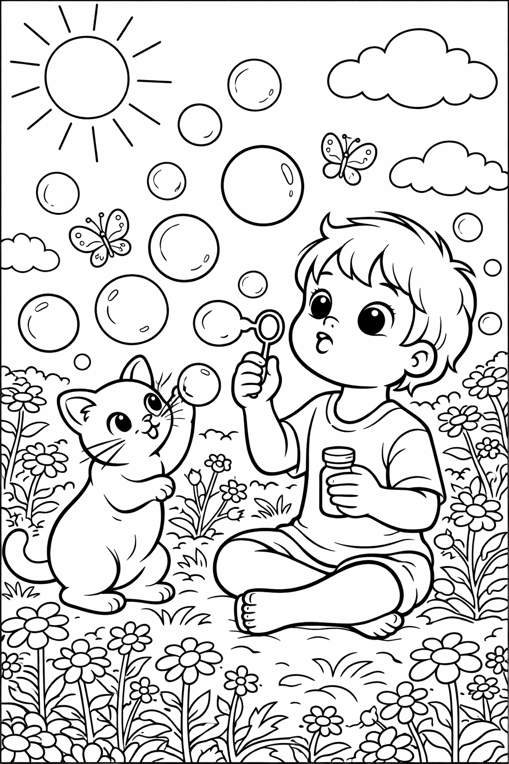 A child sitting in a field, happily blowing bubbles while a playful kitten watches. Butterflies and a sunny sky complete this charming scene, ideal for children's coloring activities.