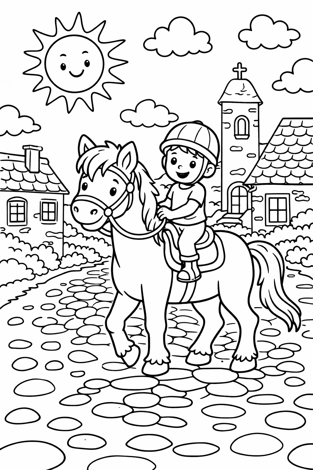 A coloring page displays a child happily riding a pony through a village with a bright sun overhead. The scene presents cobblestone streets, a picturesque village, and a cheerful atmosphere perfect for kids to bring to life with colors.