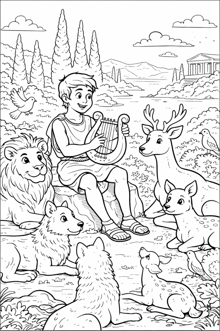 A child sits on a rock, playing a harp, surrounded by friendly animals including a lion, a deer, and several birds, set against a backdrop of mountains and a temple.