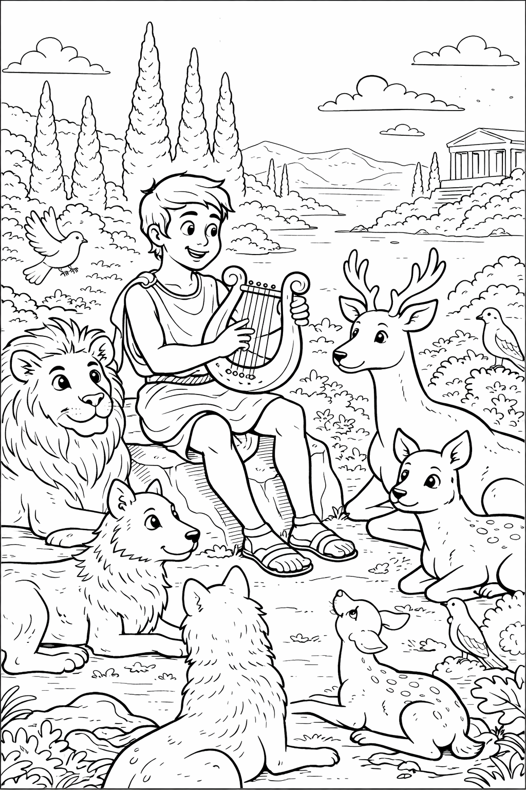 A child sits on a rock, playing a harp, surrounded by friendly animals including a lion, a deer, and several birds, set against a backdrop of mountains and a temple.