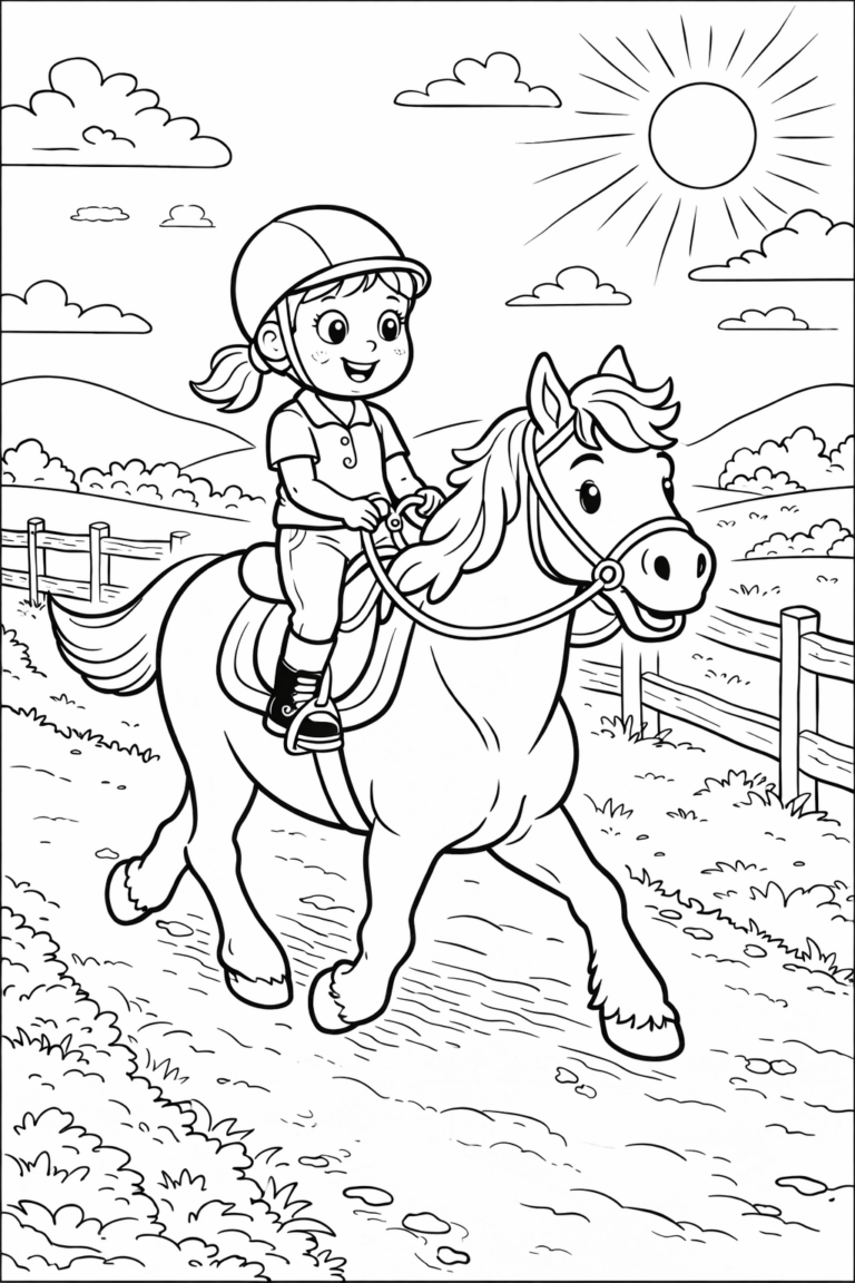 A joyful child is riding a horse on a sunny day. The scene features a path bordered by wooden fences and a picturesque landscape with trees and a clear sky. Kids will enjoy coloring the details of the horse and surrounding nature.