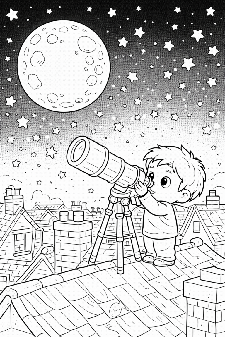 A child on a rooftop looking through a telescope at the moon and stars. The night sky is filled with stars, and there are rooftops visible in the foreground.