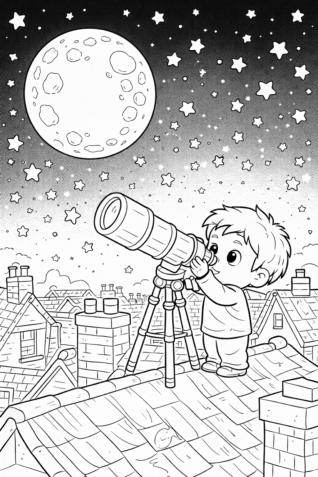 A child on a rooftop looking through a telescope at the moon and stars. The night sky is filled with stars, and there are rooftops visible in the foreground.