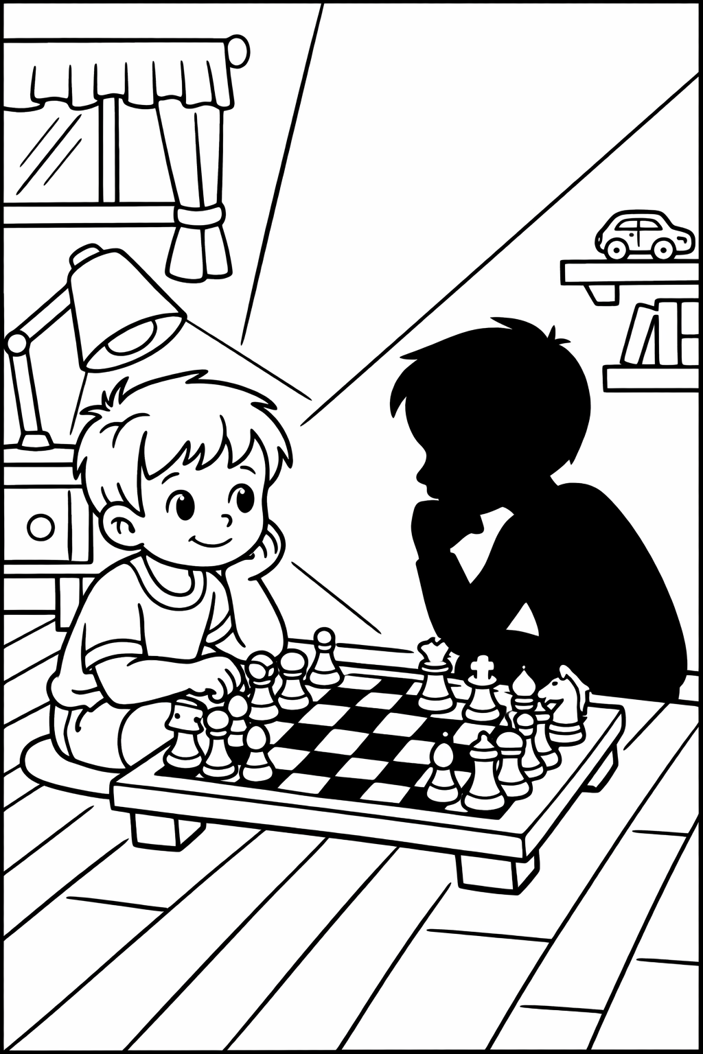 A coloring page depicting two children playing chess in a cozy room with details like a lamp, window, and bookshelf, inviting children to add colors and bring the scene to life, fostering creativity and focus.