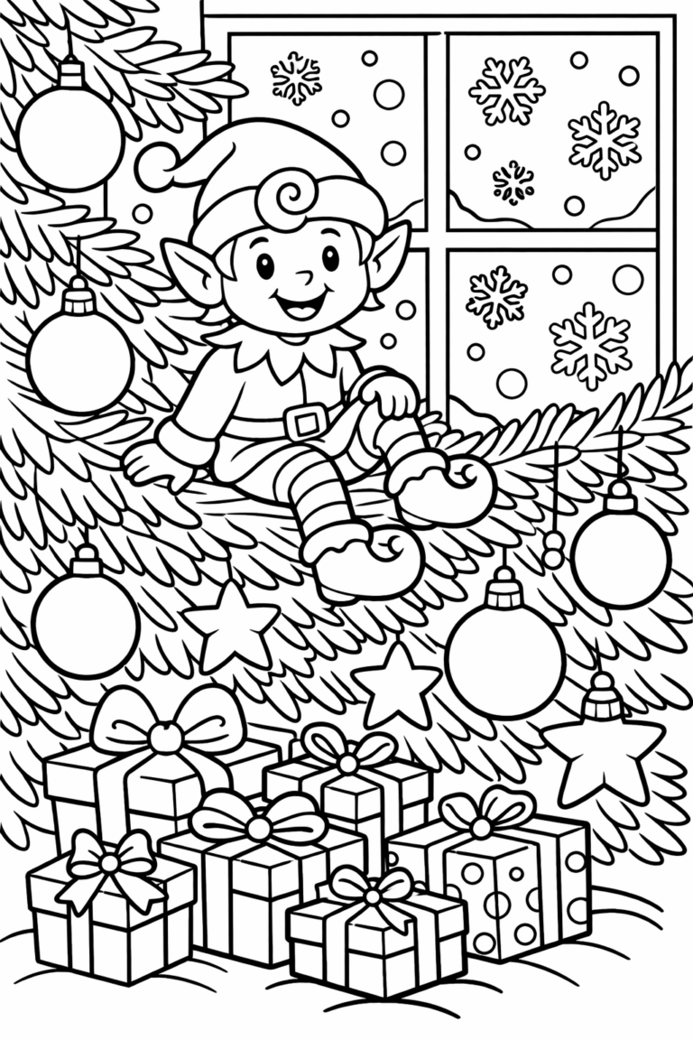 A joyful Christmas elf perched on a tree branch, surrounded by ornaments and wrapped presents. This holiday-themed coloring page invites children to explore their creativity by coloring a magical and festive scene.