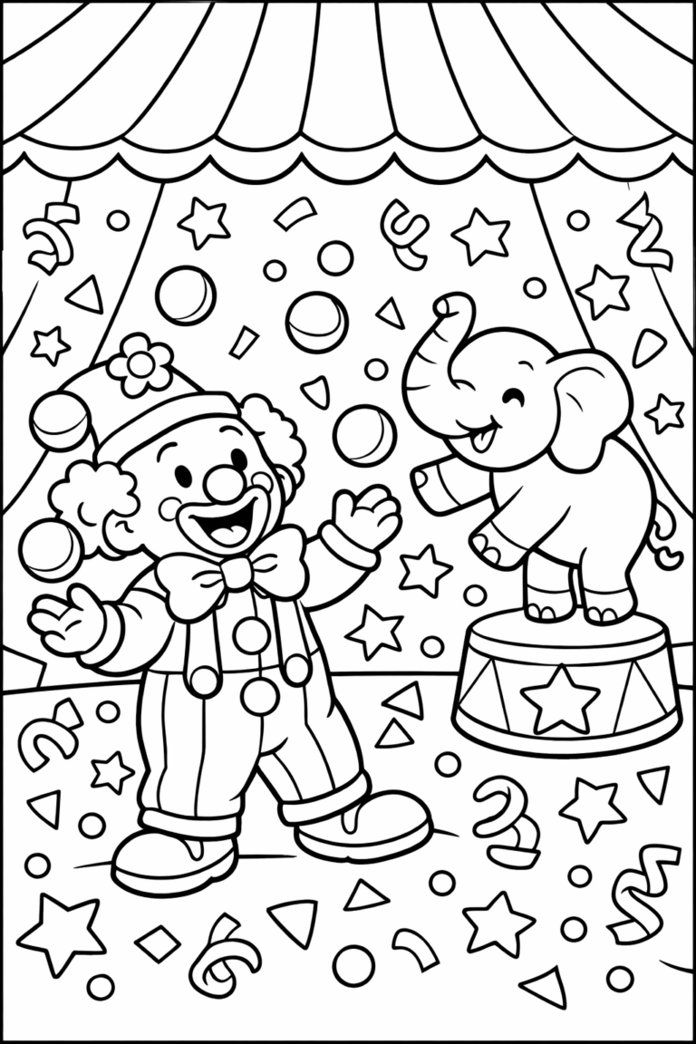 A clown juggling balls as a playful elephant stands on a platform, set in a lively circus scene filled with stars and confetti, inviting children to engage their imagination through coloring.