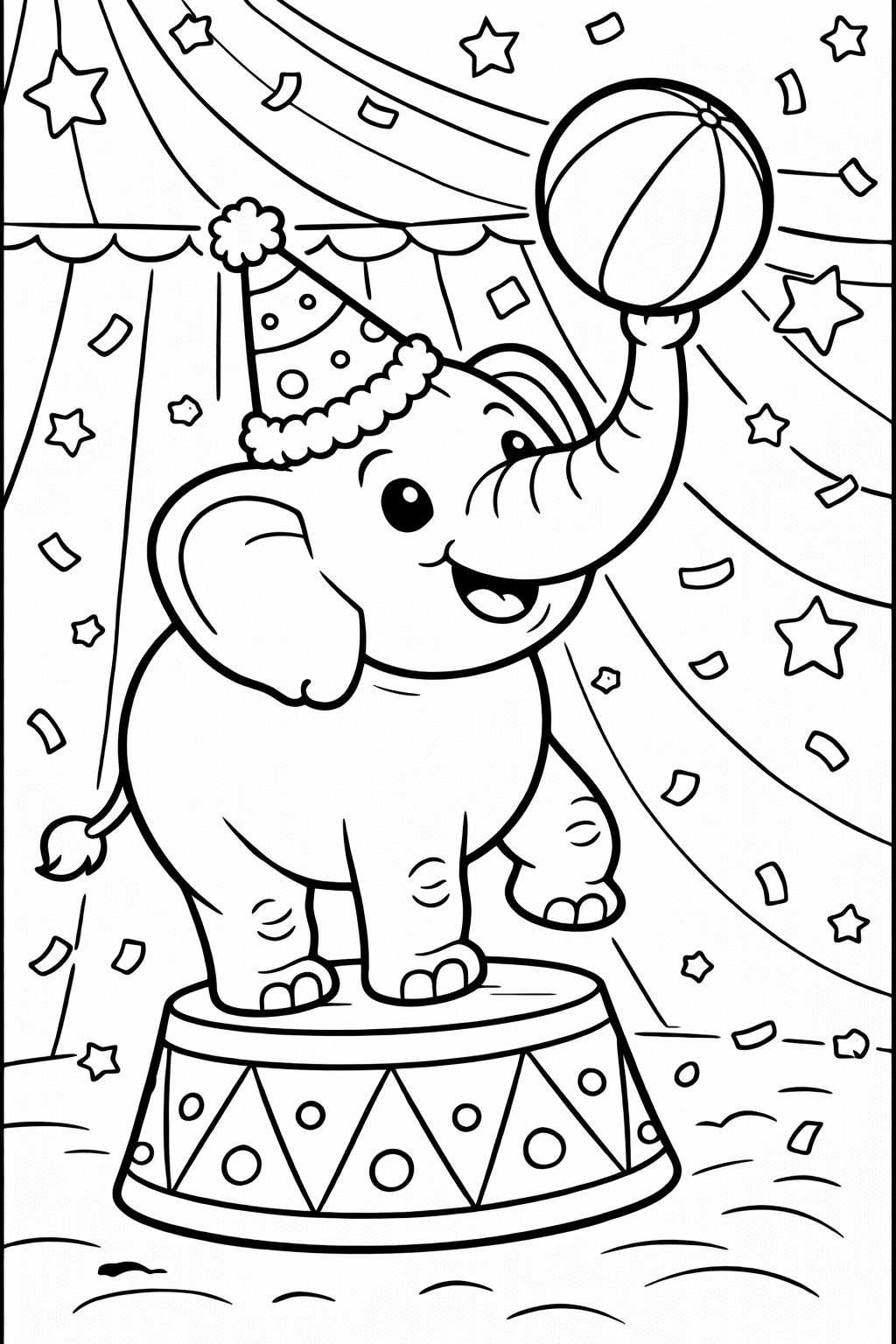 A joyful children’s coloring page depicting a circus elephant on a pedestal, balancing a ball with vibrant stars and confetti in the background. Perfect for a fun and educational coloring activity.