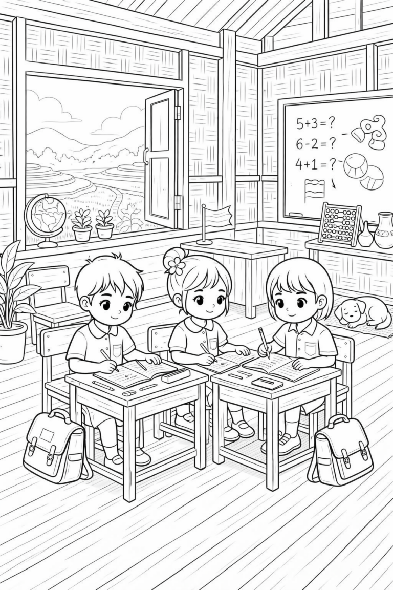 A detailed coloring page showing a classroom with three students actively writing in their notebooks. The scene includes an open window revealing a landscape, a board with math problems, and various classroom items.