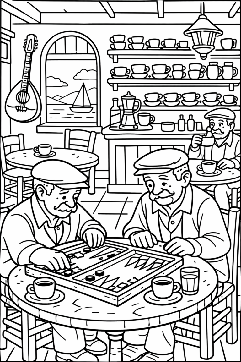 Depiction of a cozy coffee shop with elderly men playing a board game, cups on shelves, and a scenic view of a sailboat through the window.