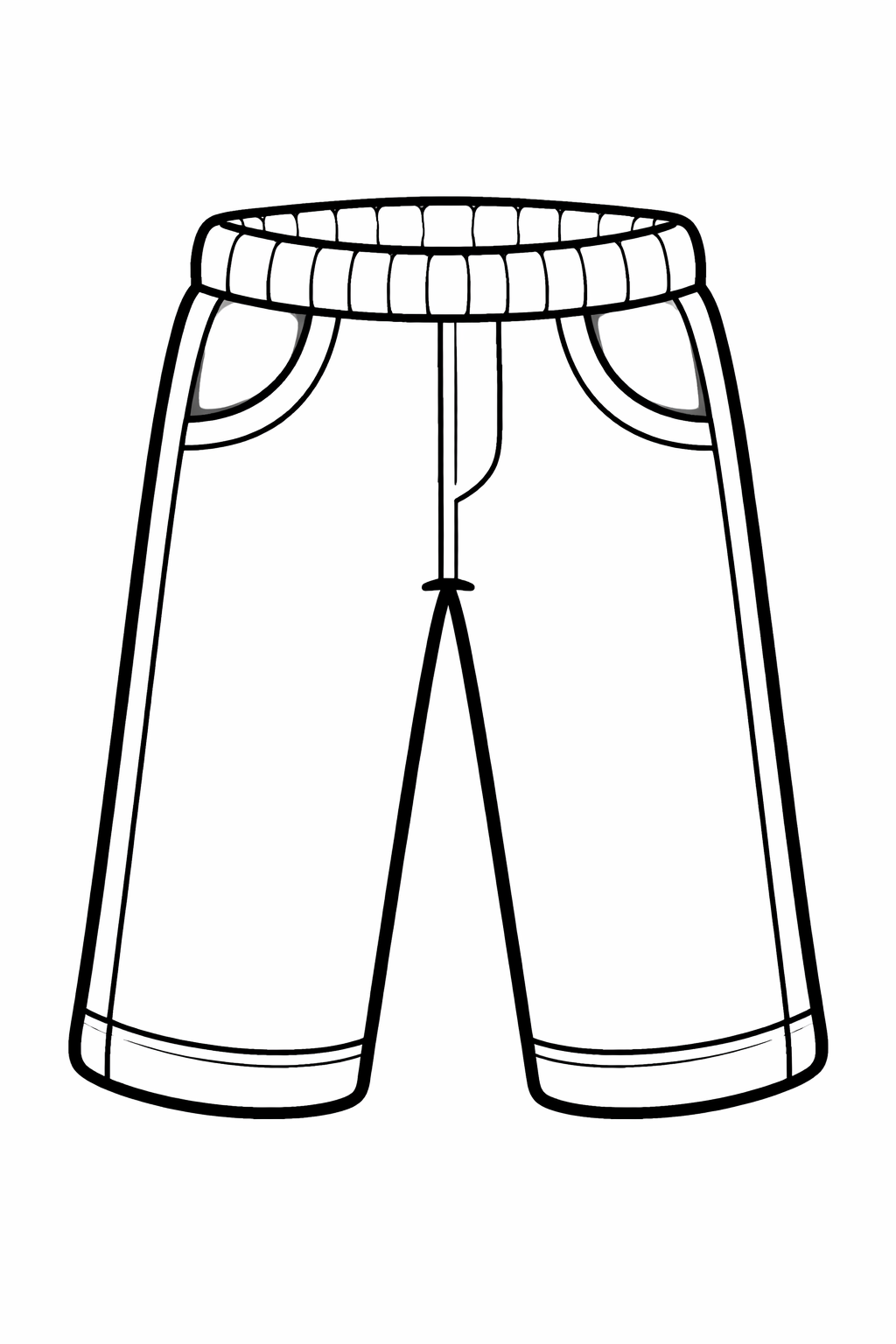 Simple children's coloring page with pants design, showcasing details like pockets and seams. Perfect for kids to explore colors and patterns creatively.