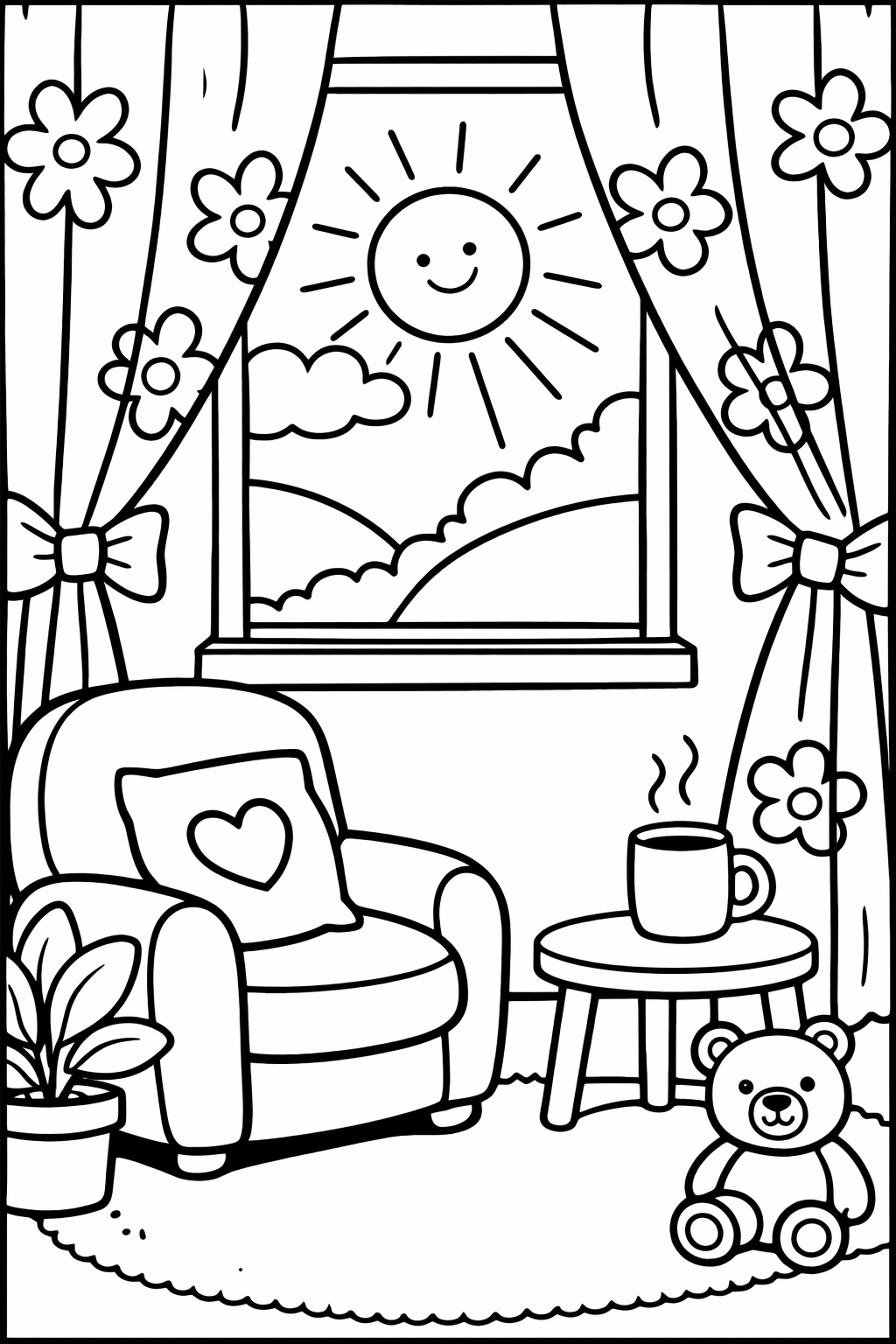 The adorable coloring page displays a cozy room with a cheerful sun in the window and an inviting interior complete with a soft armchair, teddy bear, potted plant, and flower curtains. Kids can unleash creativity with this heartwarming indoor scene.