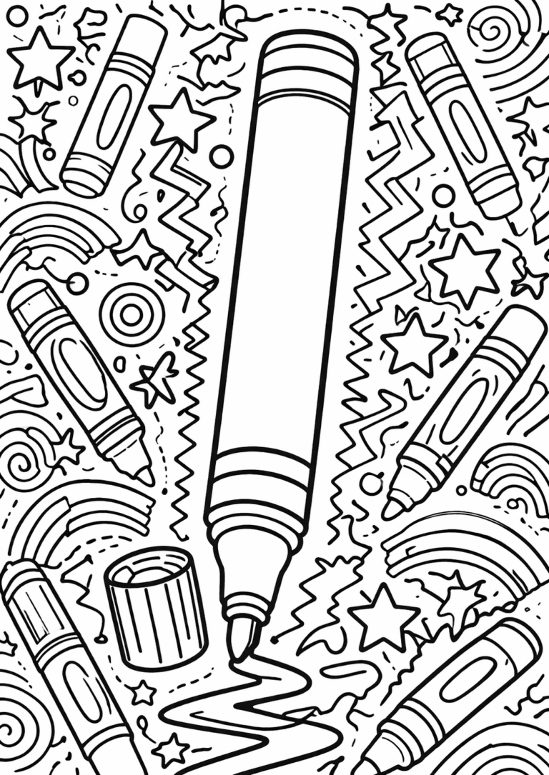A lively coloring page with a large central crayon surrounded by stars, rainbows, and swirling patterns, inviting children to add colorful designs and explore artistic creativity.