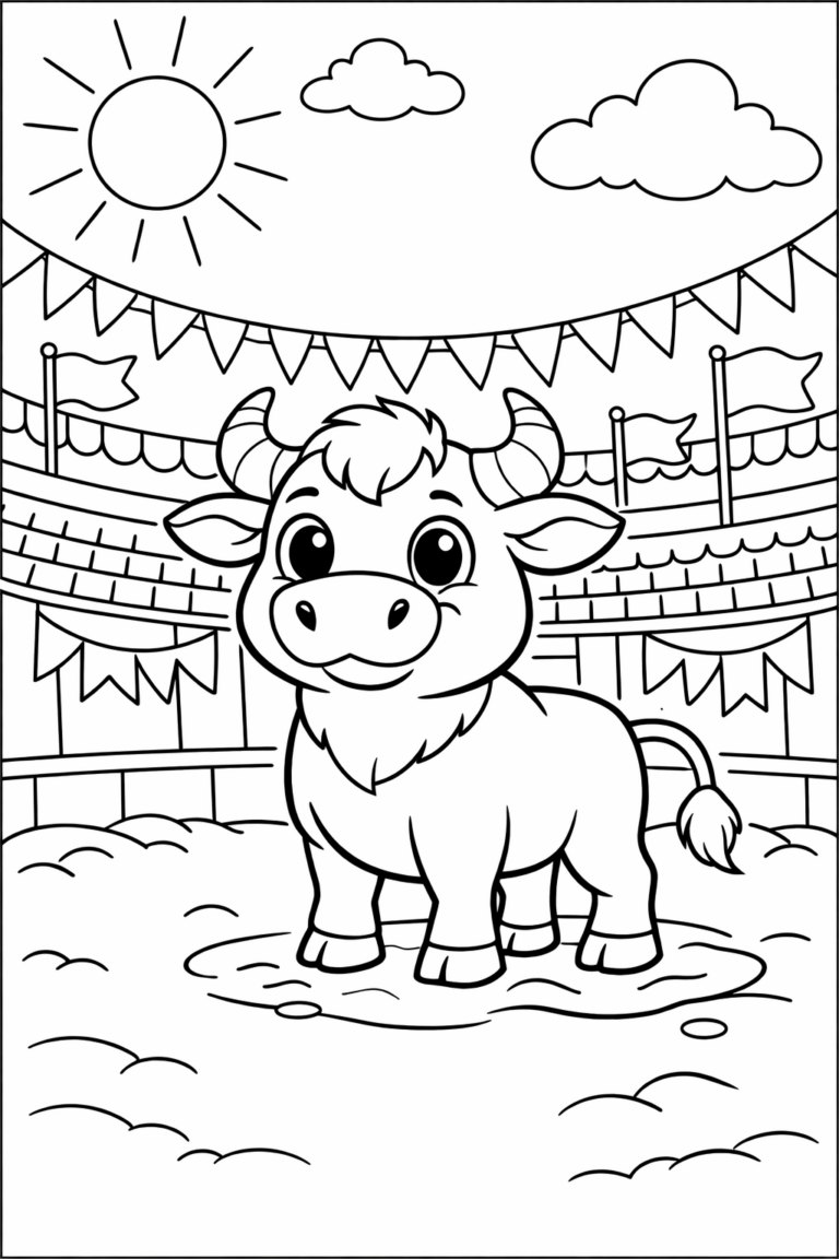 The coloring page shows a cute baby bull at the circus arena. The bull is surrounded by festive banners and a bright, sunny sky, inviting children to fill in each detail with lively colors for a delightful artistic experience.