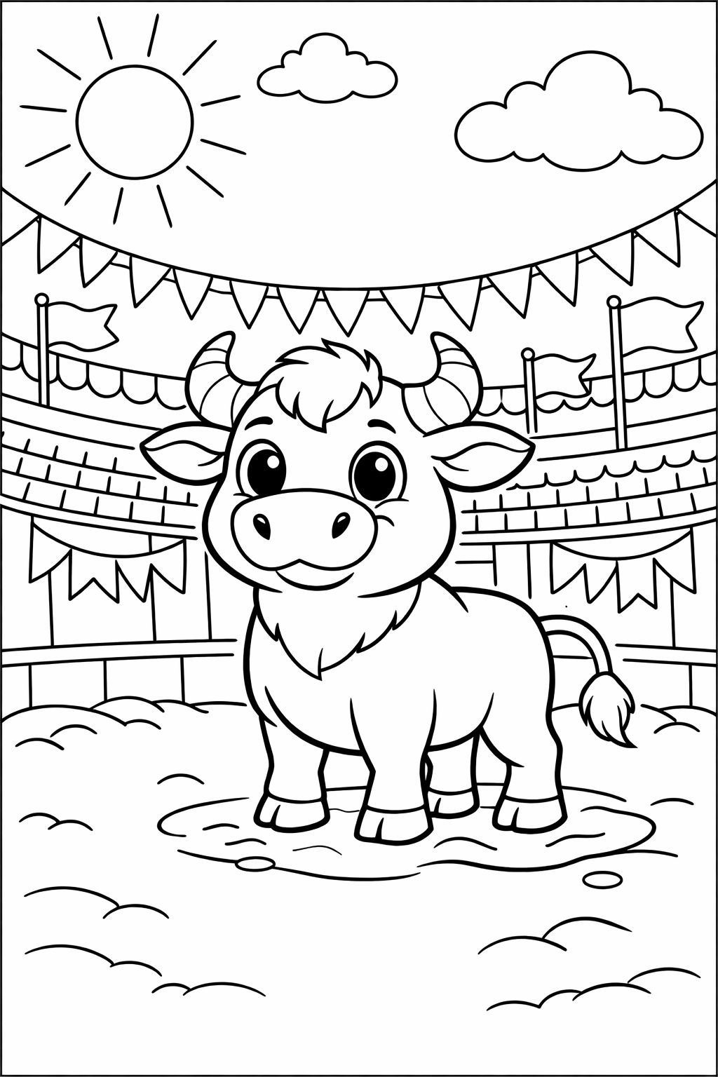 The coloring page shows a cute baby bull at the circus arena. The bull is surrounded by festive banners and a bright, sunny sky, inviting children to fill in each detail with lively colors for a delightful artistic experience.