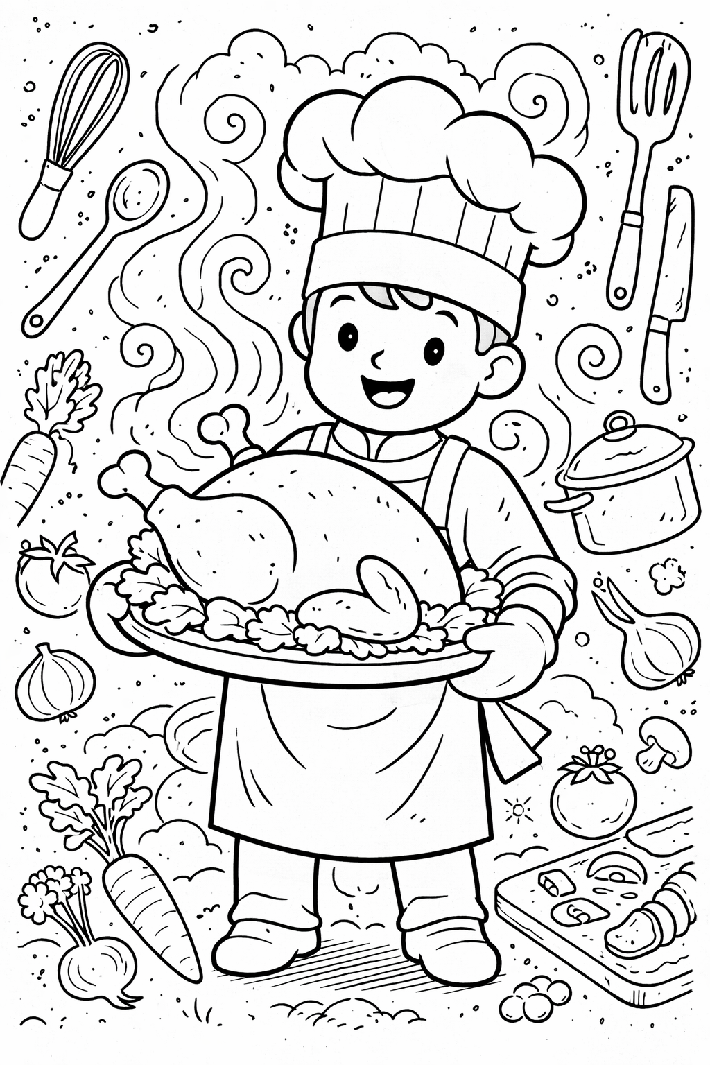 A happy young chef in a large hat holding a steaming platter surrounded by cooking utensils and fresh vegetables, perfect for a lively coloring activity.