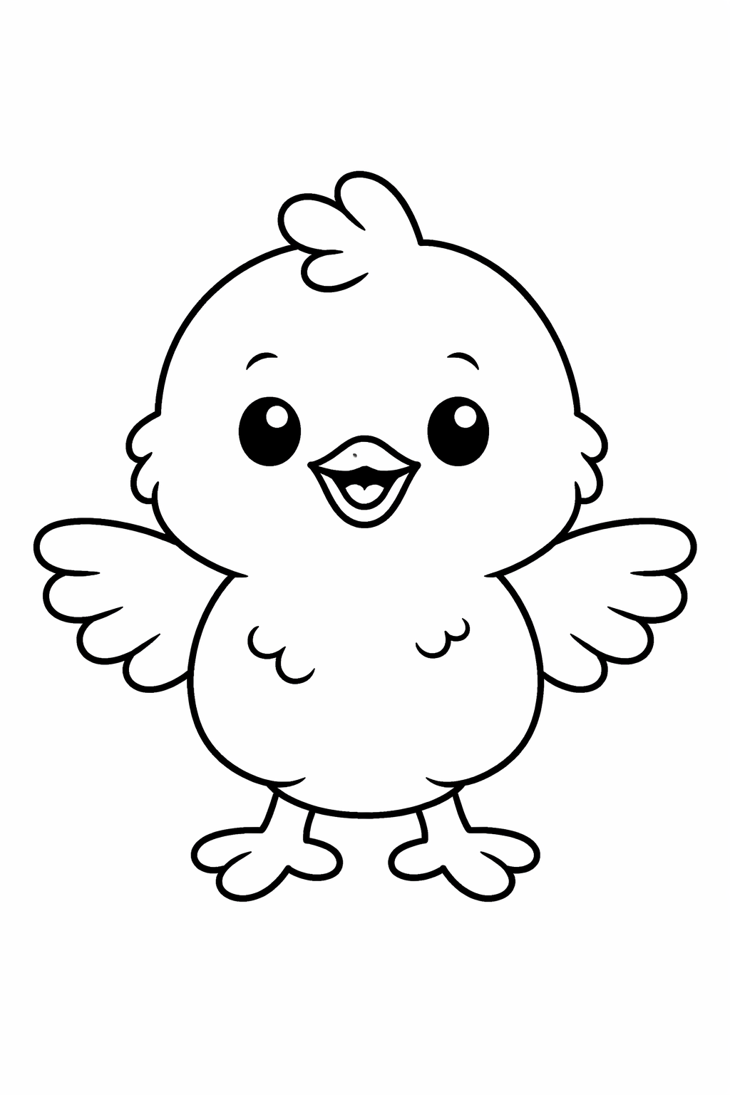 Coloring page featuring a cute chick with fluffy feathers and a happy smile, designed for children to enjoy coloring and exploring their artistic skills.