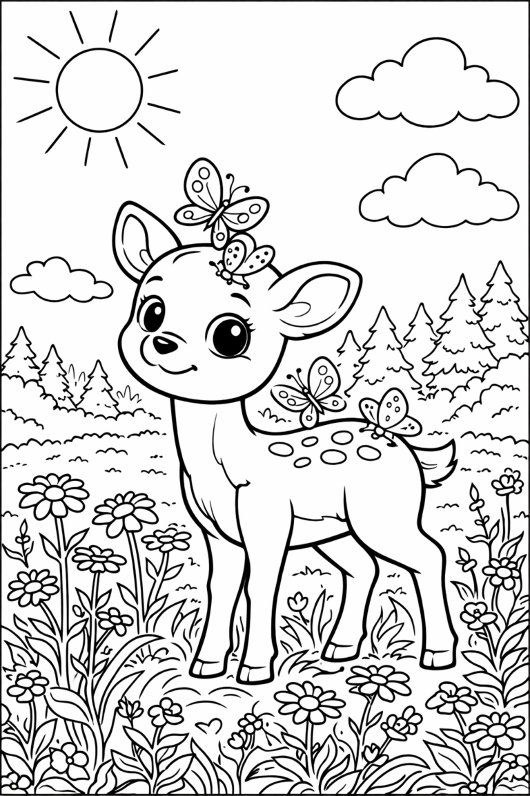 A cute deer standing among flowers with butterflies on its back in a lively meadow under a sunny sky.