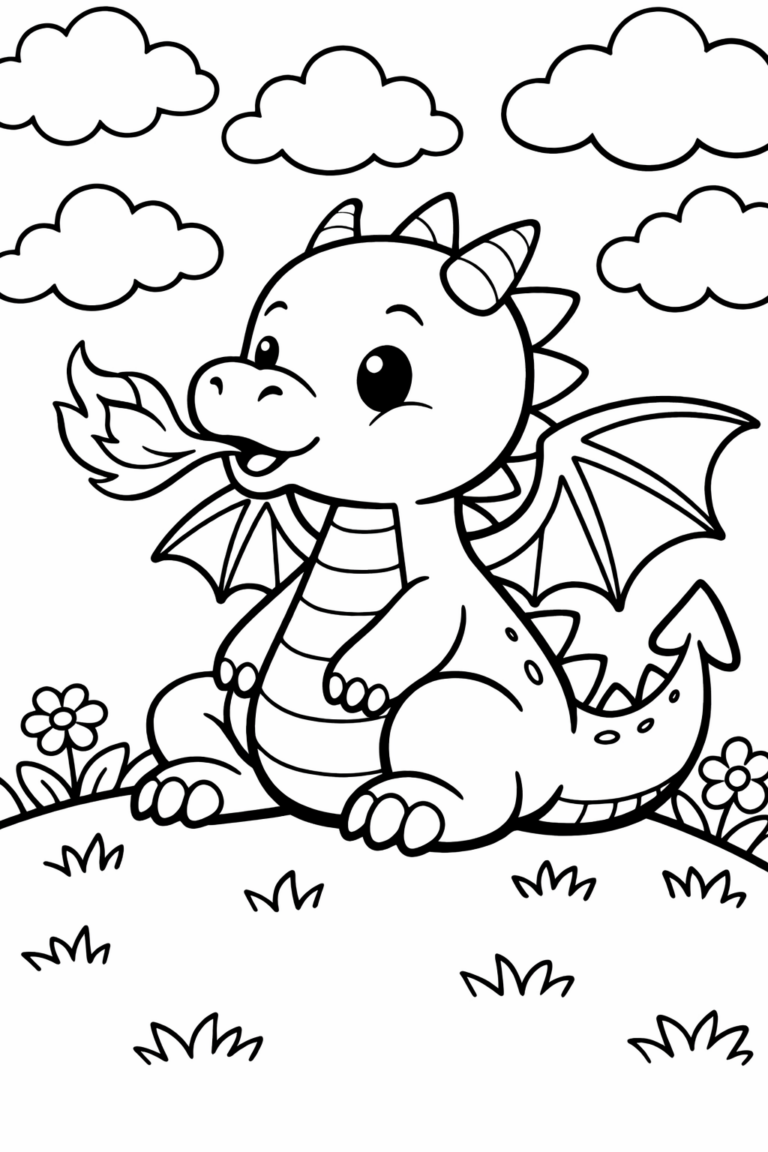 A coloring page depicting a cute dragon on a hill with clouds and flowers, blowing fire, offering a fun coloring activity for kids.